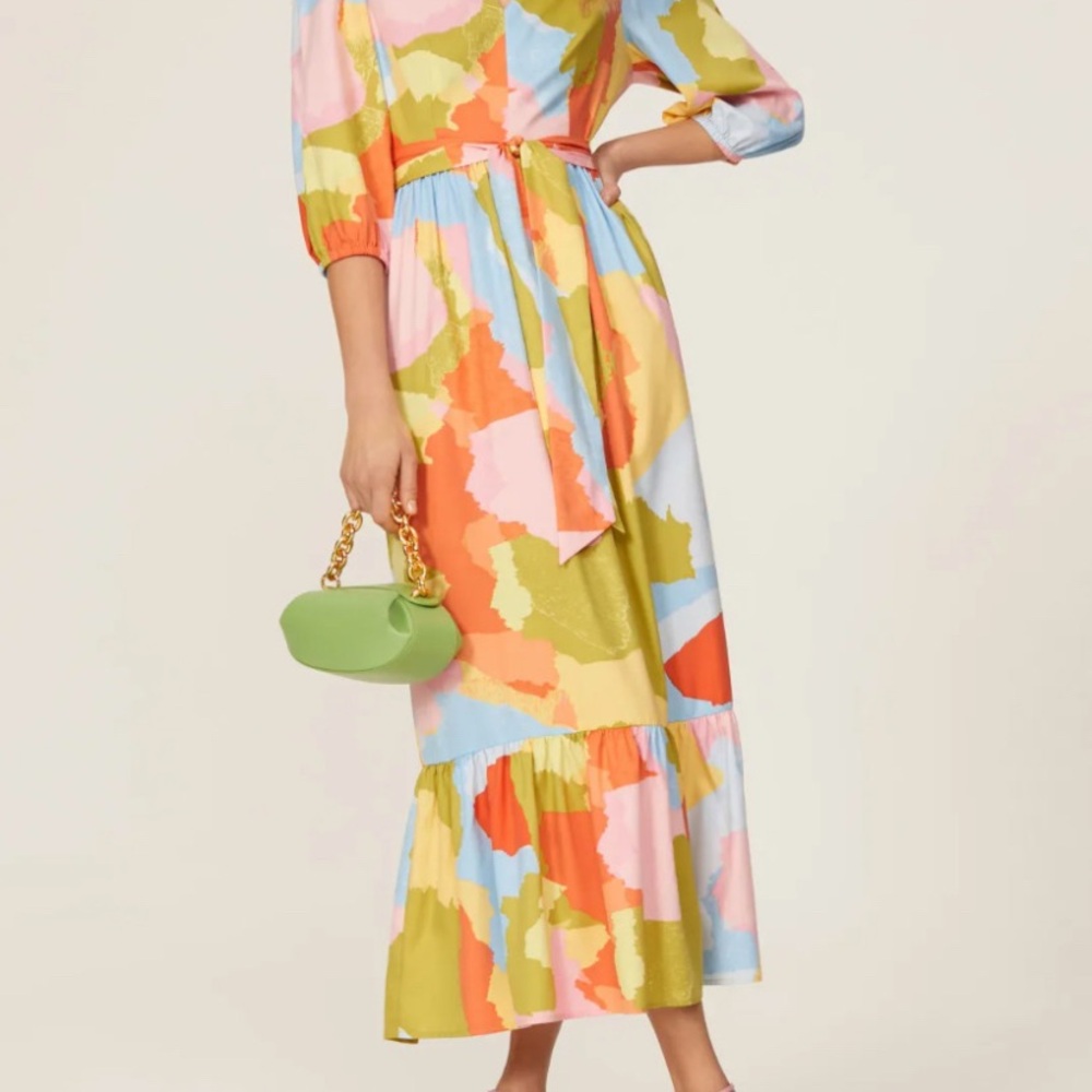 NWT Donna Morgan Multicolored Long Dress 3/4 Puffed Sleeves Ruffled Hem Sz 6